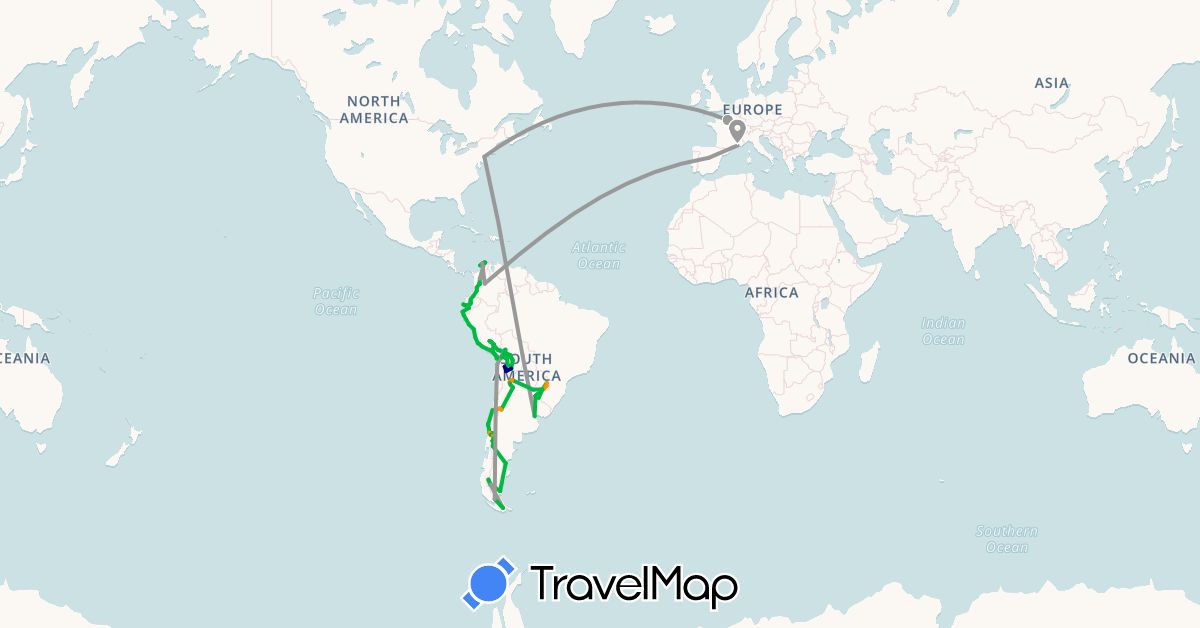 TravelMap itinerary: driving, bus, plane, hiking, boat, hitchhiking in Argentina, Bolivia, Chile, Colombia, Ecuador, Spain, France, Peru, United States (Europe, North America, South America)